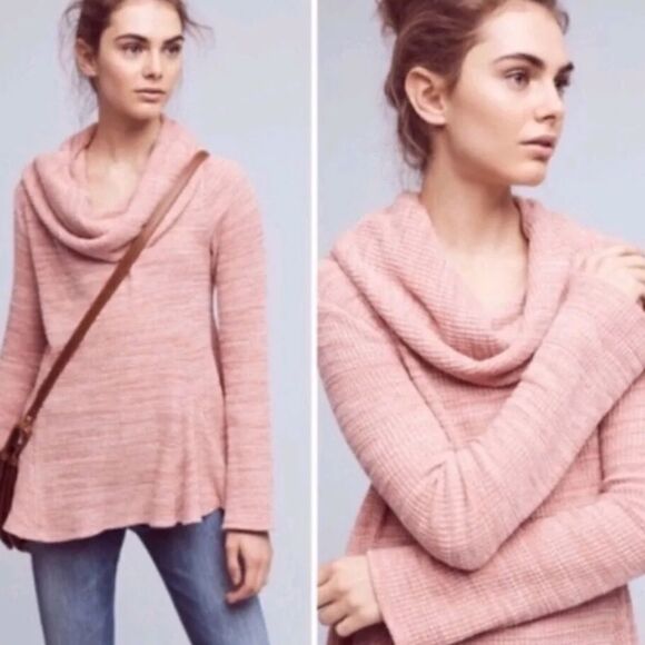 Anthropologie Postmark Heather Pink Maurisa‎ Cowl Neck Peplum Waffle Sweater XS - Picture 1 of 9